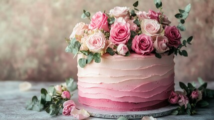 Stunning three-tiered cake decorated with pink and white roses on a rustic wooden table