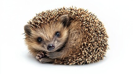 Obraz premium Cute little hedgehog curled up into a ball on a bright white background.
