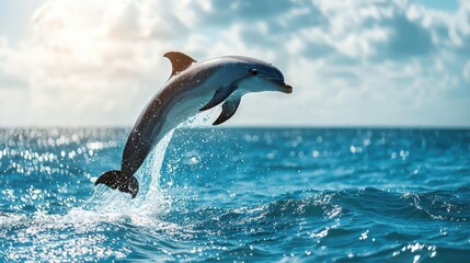 Obraz premium Dolphin leaping out of the turquoise ocean, water droplets sparkling in the sunlight.