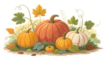 Autumn Pumpkins and Leaves Illustration, Isolated on White Background, Fall Harvest , pumpkins , autumn