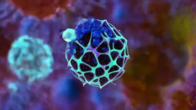 Animation showing the virus in action, with detailed characteristics and realistic graphics. Visualization of the virus entering the cell, reproducing the virus particles and exiting the cell.