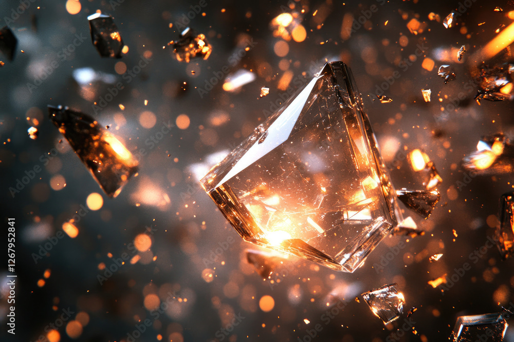 Poster shattered crystal explodes with fiery energy, fragments scattering in a dramatic display of light an