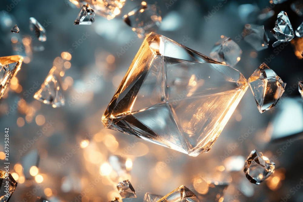 Poster glowing crystalline fragments float in a dark space, showcasing intricate facets and warm light.