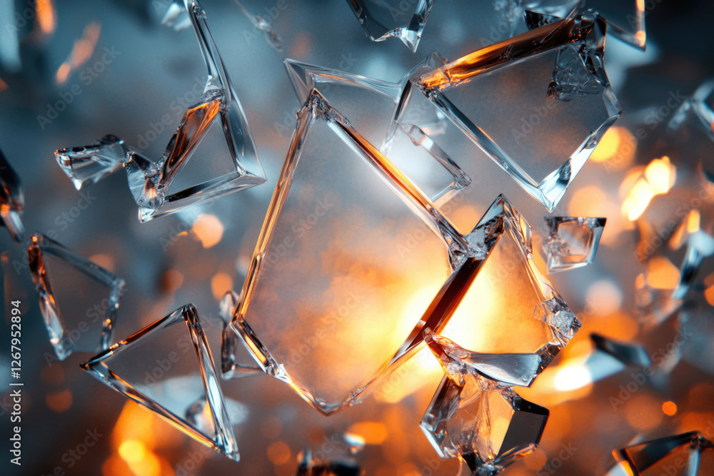 Aufkleber shattered glass fragments, illuminated by warm light, create a dramatic and abstract image.