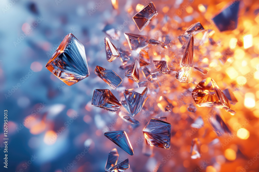 Poster glowing crystal shards explode in a vibrant burst of blue and orange light.