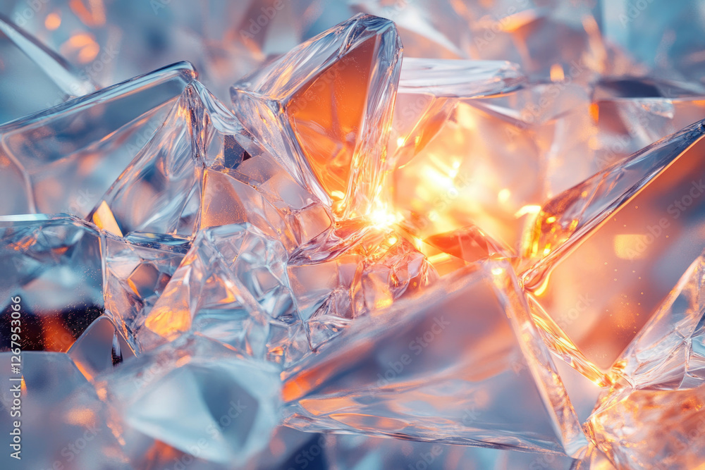 Poster glowing shards of ice crystals, a vibrant abstract image of light and frozen water.