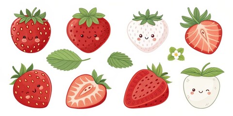 Cute Kawaii Strawberry Collection, Isolated on White Background, Fruit, Cartoon