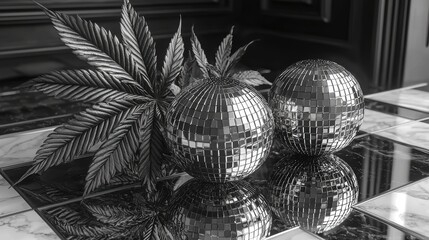 Obraz premium A monochrome still life featuring reflective disco balls and a plant.
