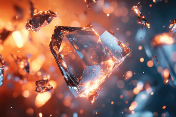 Shattered crystal fragments explode with fiery, glowing energy against a dark background.