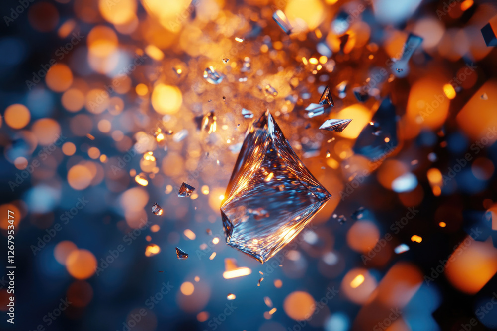 Poster a crystalline structure shatters into fragments, scattering amidst a fiery, bokeh-filled backdrop.