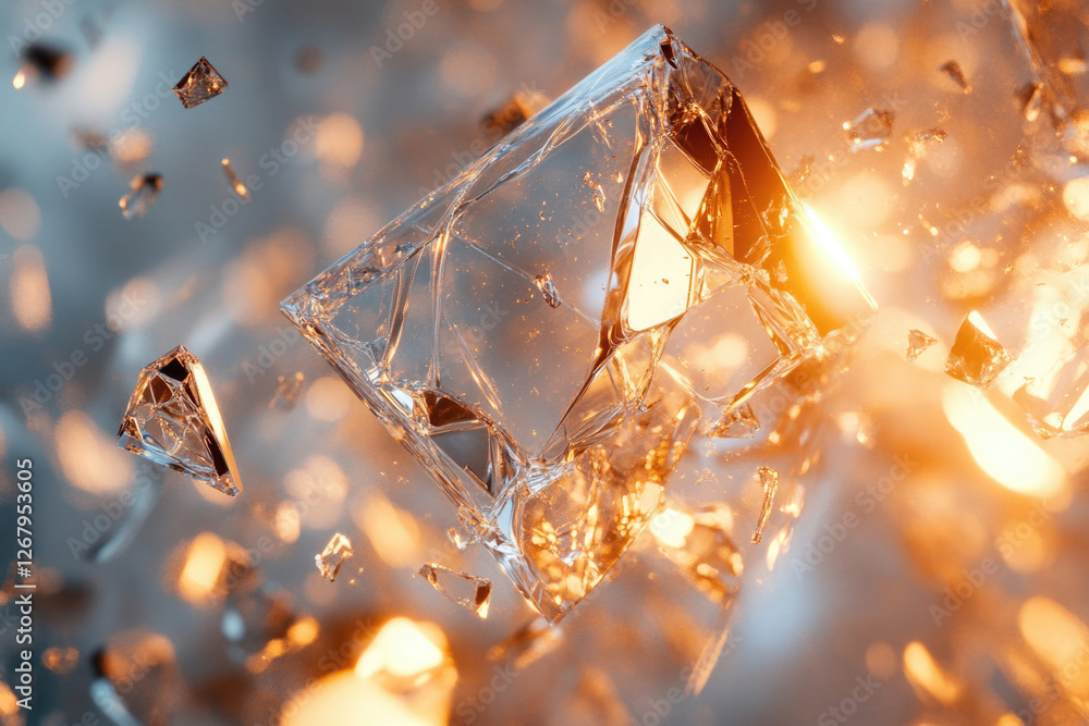Aufkleber shattered glass cube explodes into fragments, illuminated by warm light, creating a dramatic visual.