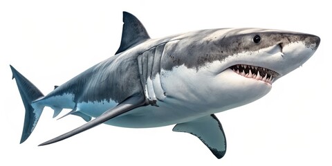 Fototapeta premium Great White Shark, Isolated on White Background, 3D Render, Ocean Predator, Marine Life Shark, Predator