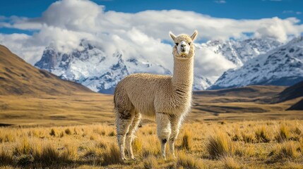 Friendly alpaca standing in a high-altitude meadow, surrounded by the Andes mountains.