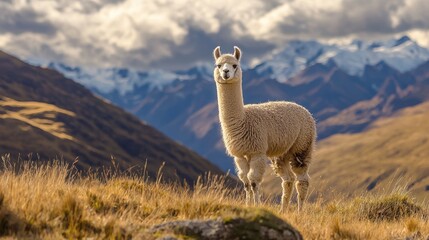 Friendly alpaca standing in a high-altitude meadow, surrounded by the Andes mountains.