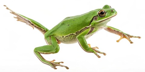 Fototapeta premium Green Tree Frog in mid-leap, isolated on white background, amphibian, wildlife photography Amphibian, Reptile