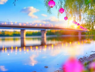 Bridge over a river with a bunch of pink lanterns hanging from the trees