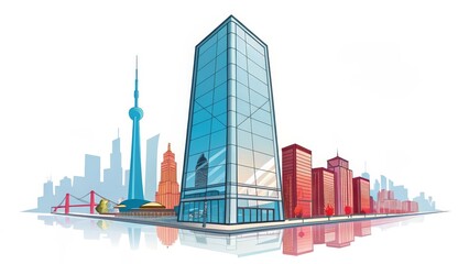 Fototapeta premium Modern Cityscape Illustration, Isolated on White Background, City, Skyline