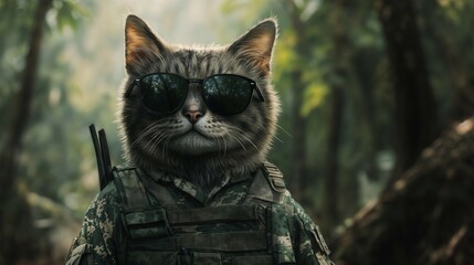 Serious-looking cat dressed in military uniform,sunglasses standing against. The feline exudes a commanding and soldier-like presence, evoking themes of discipline, adventure, unexpected humor in a ta