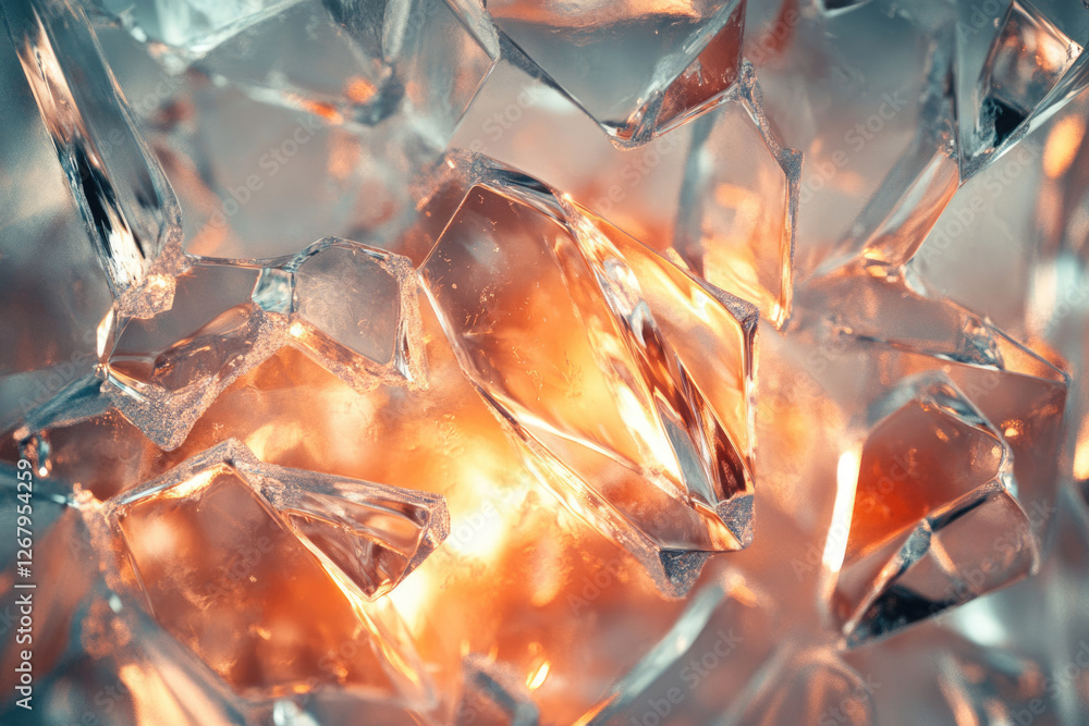 Poster shattered glass fragments illuminated by warm, orange light, creating a captivating abstract image.
