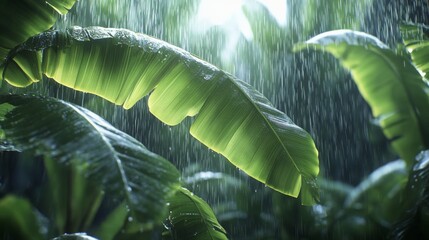 Rainwater dripping from vibrant green leaves in a dense tropical forest on a misty day