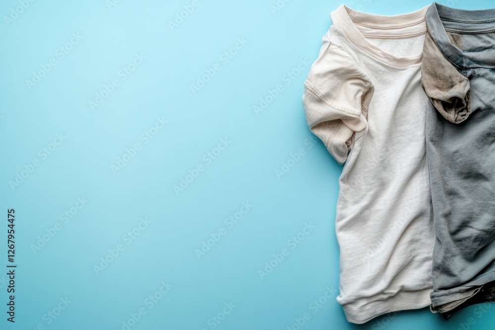 Poster freshly laundered clothes contrast with dirty garments in a colorful display on a blue background. g