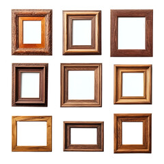 Collection of Nine Empty Wooden Picture Frames Various Styles and Sizes Dark Background