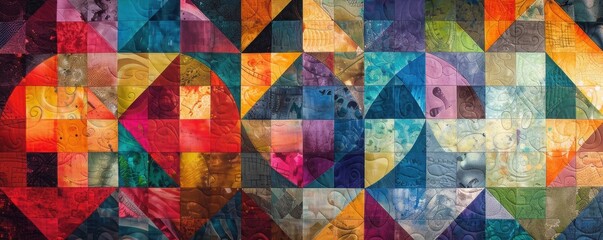 A colorful geometric quilt displays a stunning arrangement of bold shapes and abstract patterns.