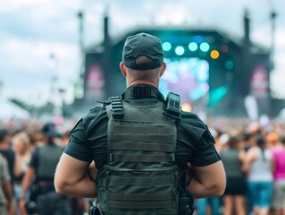 Security guard observing a lively music festival crowd from behind