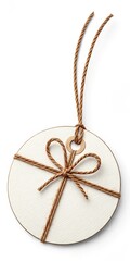 Round Tag with Jute Rope Bow Isolated on White Background, gift tag, label