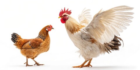 Rooster and Hen, Wings Spread, Isolated on White Background, Poultry, Farm Animals