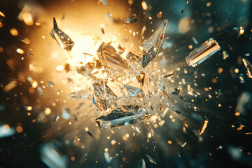 Naklejka premium Shattered glass explodes in a golden burst, showcasing fragmented pieces in dynamic motion.