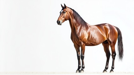 Naklejka premium Graceful horse with a shiny coat standing elegantly on a clean white background.