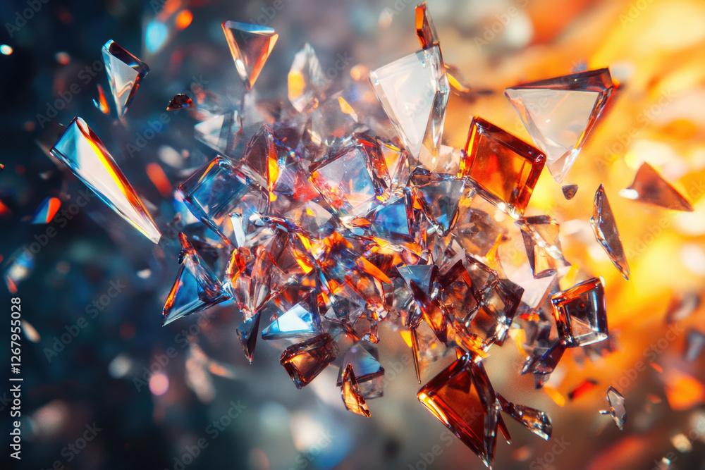 Aufkleber Shattered glass fragments explode in a vibrant burst of color and light, creating a dynamic and abstract artwork.