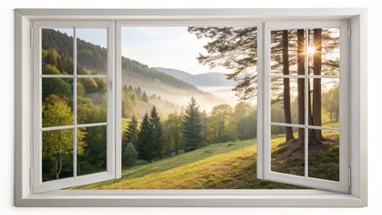Sunrise Mountain View Through Open Window, Isolated on White Background, nature photography, scenic view