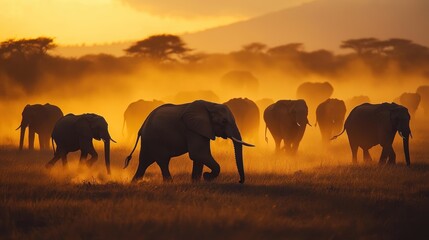Fototapeta premium , National Geographic Herd of African elephants crossing a golden savanna at sunset, dust rising from their massive footsteps.