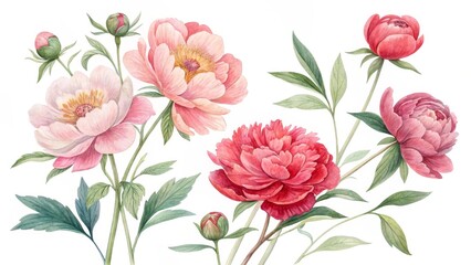 Watercolor Peonies Bouquet, Isolated on White Background, Floral Illustration, Botanical Art, Peony Painting Floral Design, Spring Flowers