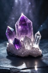 Obraz premium Amethyst crystal cluster with mystical glow n a dark surface for spiritual websites, perfect for meditation blogs and healing practices content, for spiritual and esoteric designs