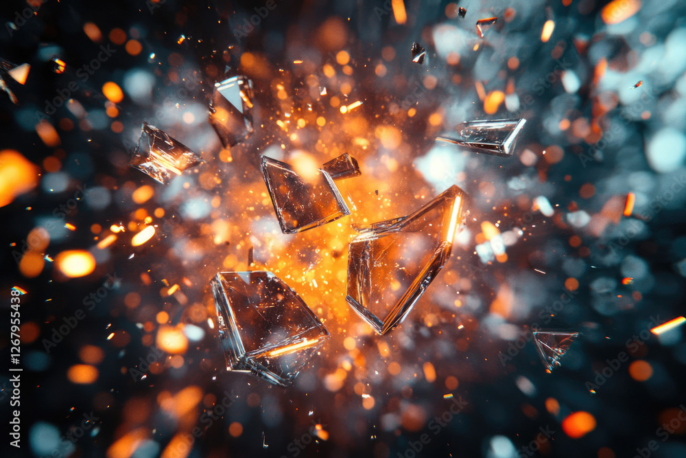 Poster fiery explosion of shattered glass fragments, a dynamic and intense visual spectacle.
