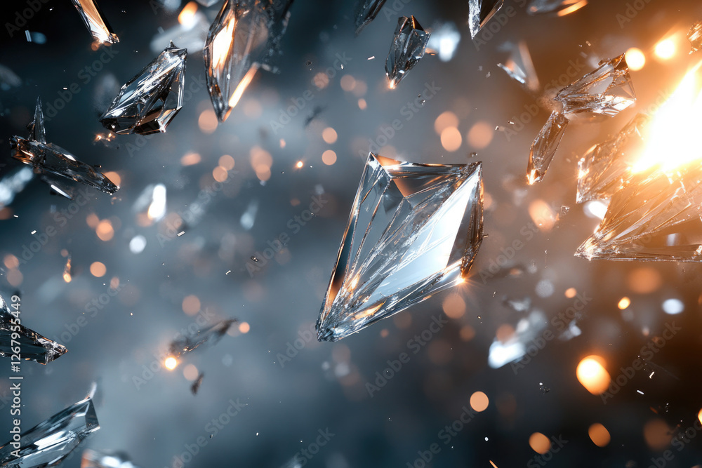 Poster shattered glass fragments explode in a dramatic, sparkling display of light and dark.