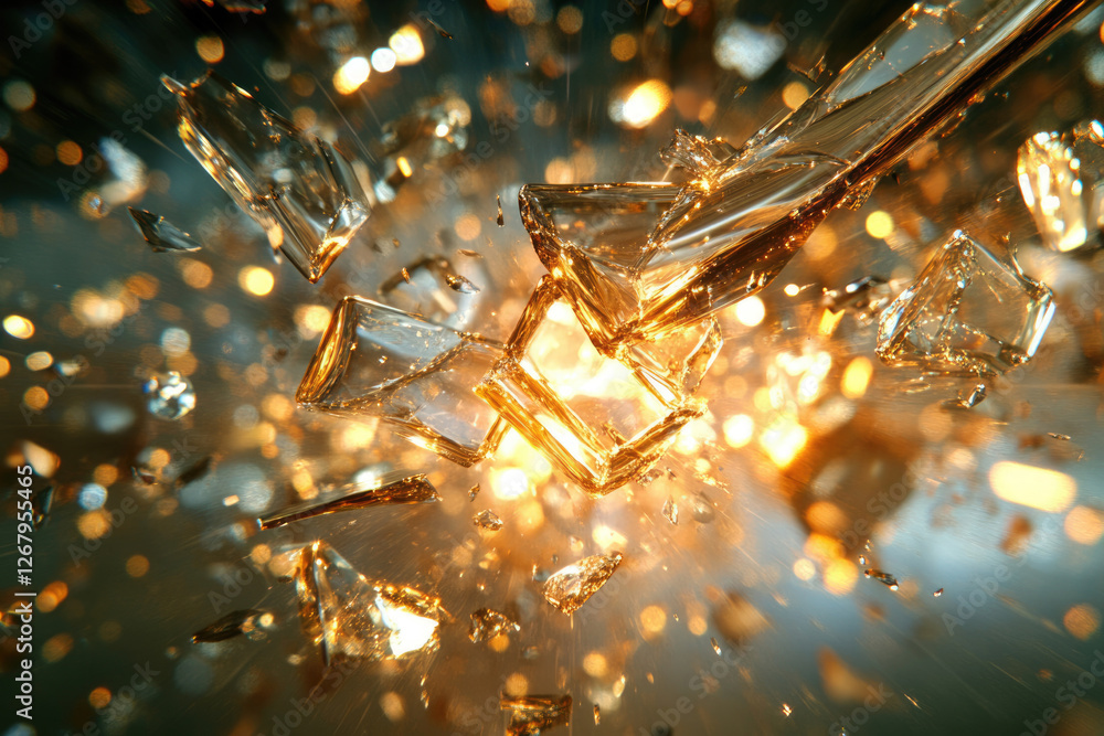 Poster Shattered glass explodes in a burst of golden light, fragments scattering in a dynamic motion.