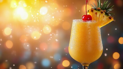 Refreshing tropical drink surrounded by vibrant fruits on a pastel green backdrop