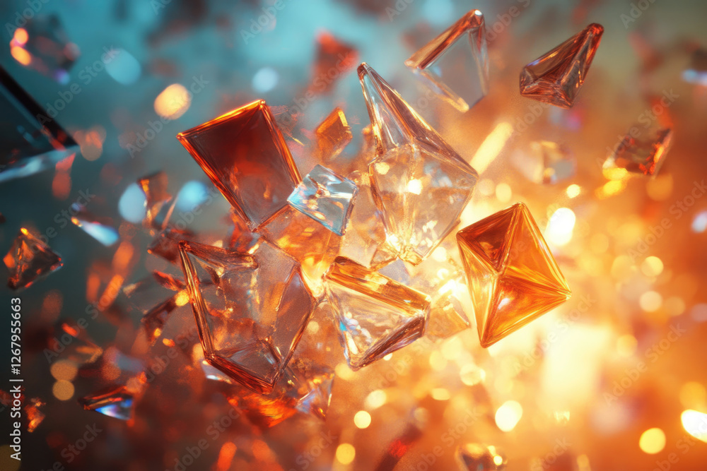 Poster shattered, glowing crystals explode in a vibrant, amber and teal light show, creating a dazzling dis