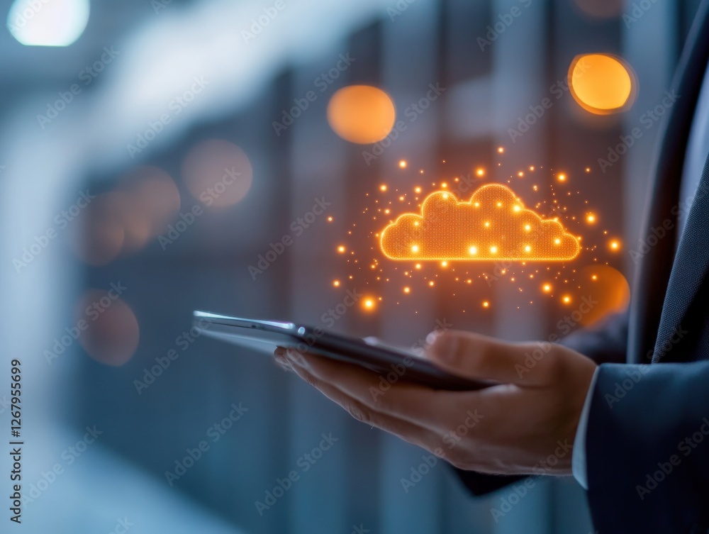 Poster man holding tablet with cloud computing concept