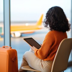 Woman Waits at Airport Terminal With Tablet