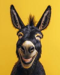 Surreal close up portrait of donkey pet, smiling, blinking, squinting and giggling. Front view. Minimal creative concept of giggle or grin, having fun, being goofy, silly, ludicrous. Pop culture style