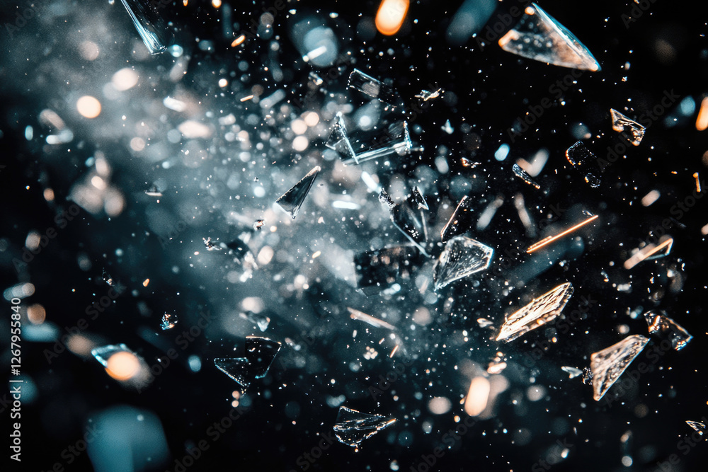 Poster shattered glass fragments explode in a dark background, creating a dramatic, abstract image.