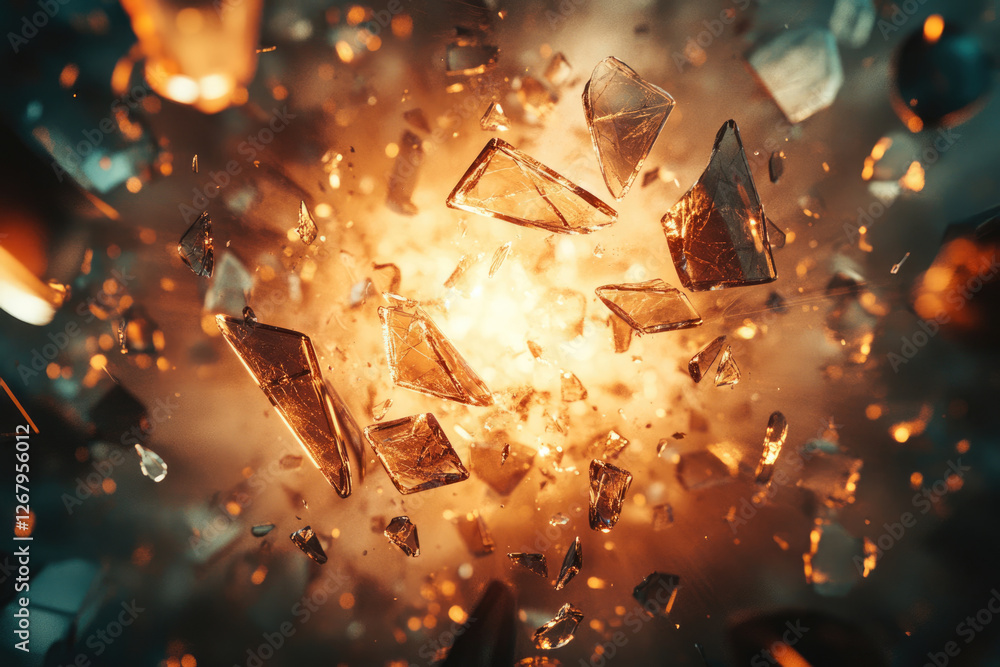 Aufkleber shattered glass explodes in a fiery orange and brown burst, creating a dramatic visual effect.
