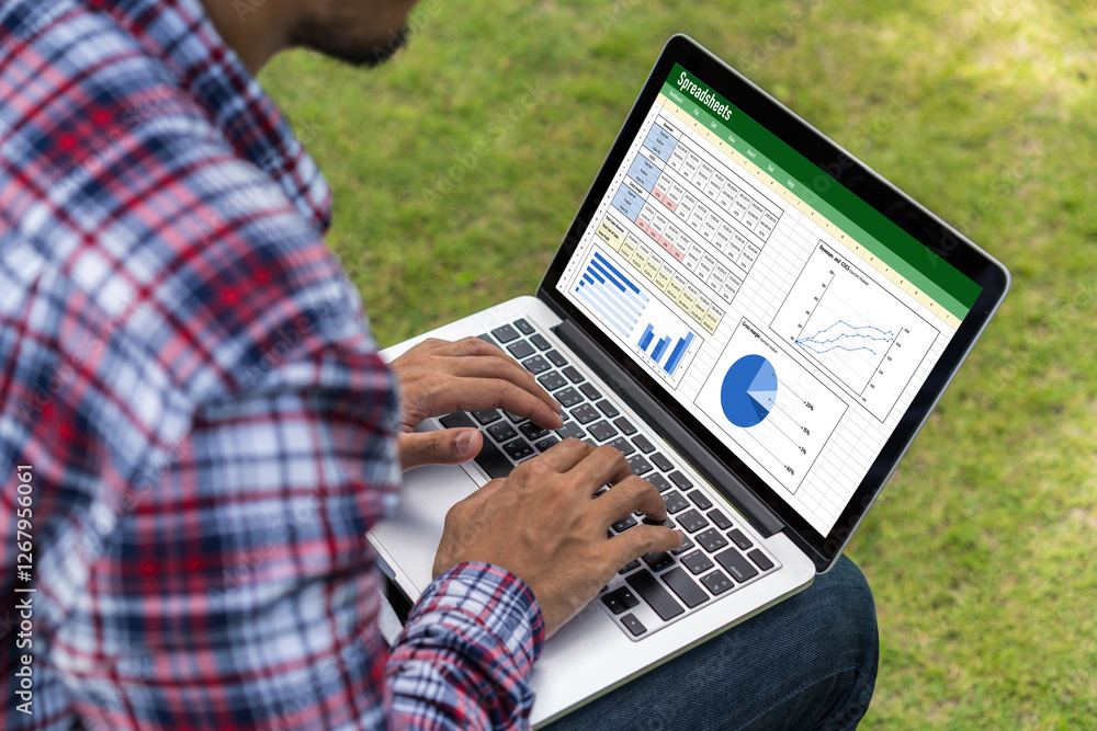 Poster spreadsheet document information financial startup concept. data and graphs in spreadsheet documents
