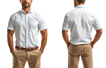stylish man in white short sleeve shirt and beige pants, showcasing front and back views