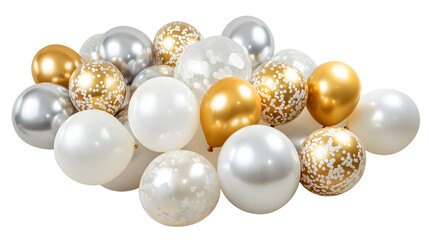 A beautiful set of silver, white, and gold balloons, perfect for any elegant event.